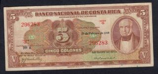 Costa Rica 5 Colones 1945 Pick 203b Vf.