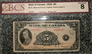 1935 Bank Of Canada $5 Bcs Vg8 (english Issue)