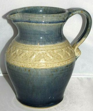 Hand Thrown Studio Art Pottery Blue Tan Glaze Hearts Incised Pitcher X Large