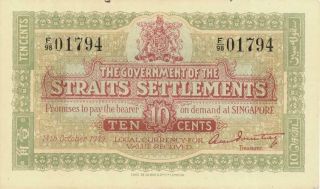 Straits Settlements 10 Cents Currency Banknote 1919