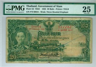 Thailand Government Of Siam 1935 20 Baht P - 25 Pmg Vf - 25 Annotations On The Back.