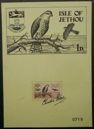 Jethou Island 1961 1d Bird Stamp On Art Card Signed By Charles Coker (designer)