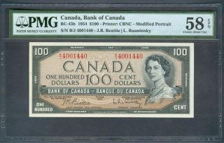 Canada $100 1954 Bc - 43b,  Pmg Choice Au 58 Epq