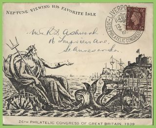 G.  B.  1939 Kgvi 1½d On 26th Philatelic Congress Of G.  B.  Neptune Illust.  Cover