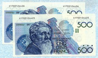 Belgium 2x500 Francs 1982 - 84 P143a Unc Running Pair
