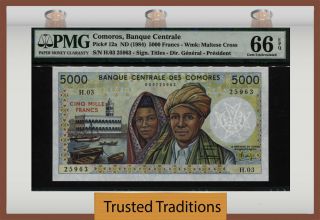 Tt Pk 12a 1984 Comoros Banque Centrale 5000 Francs Pmg 66 Epq Gem Uncirculated
