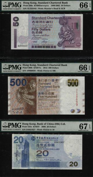 Tt Hong Kong Melody 20,  50,  & 500 Dollars Pmg 66q Gem Unc & 67q Set Of 3