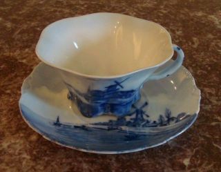 Vintage Delft Versailles Germany Rosenthal Ruffled Cup & Saucer With Windmill