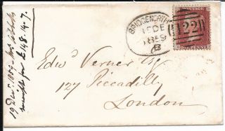 Gb Qv 1d Red 1859 Bridgenorth (b) Spoon Postmark London On Reverse