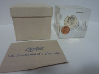 Vintage Clearfloat Lucite Paperweight W/ 1964 Us Silver Coins Uncirculated,  Box