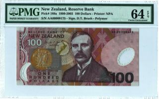 Zealand 100 Dollars 2000 First Pfx Aa Low S/n 000175 Pmg 64 Epq Polymer