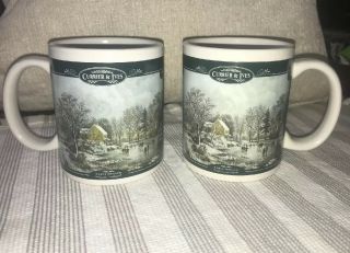 Set Of 2 Very Rare Find Currier & Ives Early Winter Ceramic Mugs Christmas