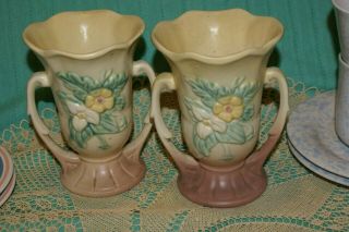 2 Vintage Hull Art Pottery Double Handled Matte Wildflower Vases 5.  5 " H