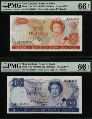 Tt Pk 171b & 172b 1985 - 89 Zealand 10 Dollars Queen Elizabeth Ii Pmg 66q Set