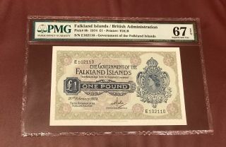 Falkland Islands British Administration 1 Pound Pick 8b 1974 Pmg 67 Gem Unc