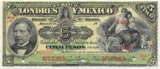México 5 Pesos Nd.  1913 M271s Series E Specimen Uncirculated Banknote Anglb