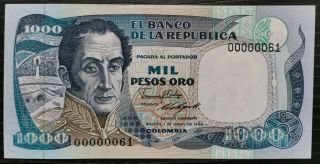 Scarce Low Serial 00000061 1000 Pesos January 01.  1986 Colombia Unc Pick 424c