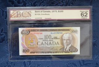 1975 Bank Of Canada $100 Bc - 52b Crow - Bouey Bcs Graded Choice Unc 62
