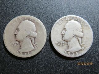 Two (2) 1936 - D Washington Quarters - Silver