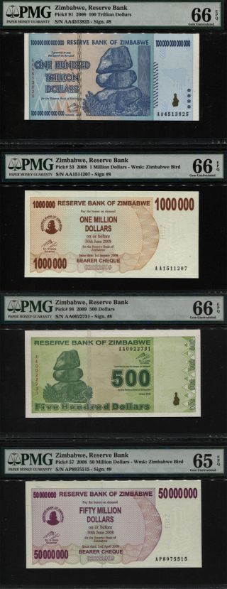 Tt Pk 91 2008 Zimbabwe 100 Trillion Set Of 4 Diverse Pmg 66 Epq Notes Look See