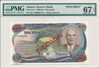 Reserve Bank Malawi 10 Kwacha 1964 Specimen Pmg 67epq