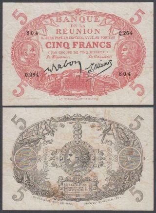Reunion - France,  5 Francs,  L.  1901,  Vf,  (1/8 Inch Edge Tear),  P - 14
