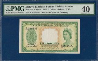 Malaya British Borneo 5 Dollars P2a 1953 Pmg 40 X/f Board Commissioners Currency