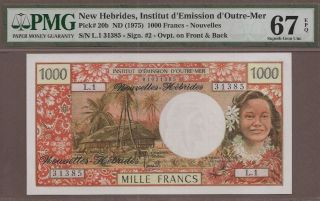 Hebrides: 1000 Francs Banknote,  (unc Gem Pmg67),  P - 20b,  1975,  No Rese