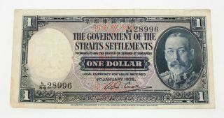 1935 Straits Settlement 1 Dollar Note Vf Pick 16b