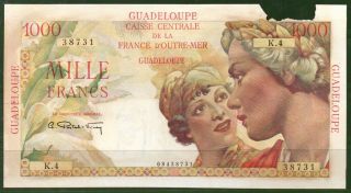 Guadeloupe 1000 Francs 1947 P - 37 Unc Upper Demage Rare