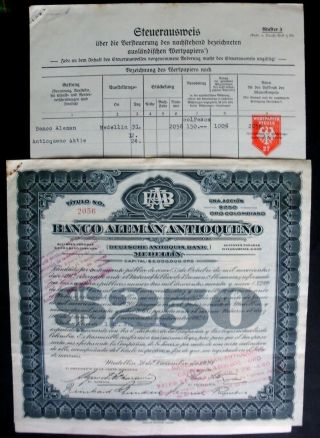 Colombia Banco Aleman Antioqueno,  $250 Oro,  Medellin 1924,  Uncancelled