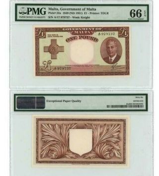 Malta - 1 Pound 1949 (nd 1951),  Pmg 66 Epq,  Ref.  Pick 22a