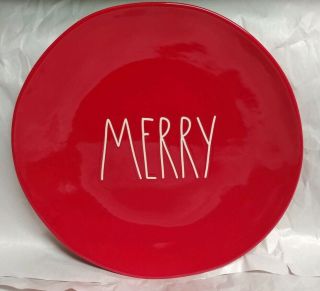 Rae Dunn Ceramic Red Dinner Plates L/l " Merry " - 11 In.  Vhtf Rare