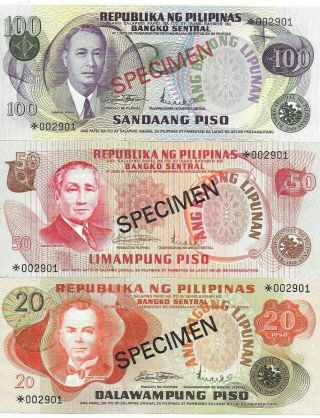 Philippines Nd (1979) 2,  5,  10,  20,  50,  100 Pisos 6 Specimen Notes All Crisp Unc W/coa