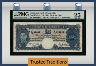 Tt Pk 27b Nd (1941) Commonwealth Of Australia 5 Pounds King George Vi Pmg 25 Vf