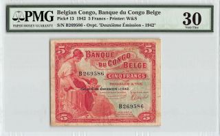 Belgian Congo 1942 P - 13 Pmg Very Fine 30 5 Francs (duexieme Emission)