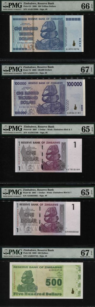 Tt Pk 91 2008 Zimbabwe 100 Trillion Set Of 5 Diverse Pmg 66 Epq Notes Look See
