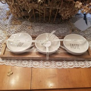 Rae Dunn Dip,  Eat And Taste Bowls With Wooden Tray Holder