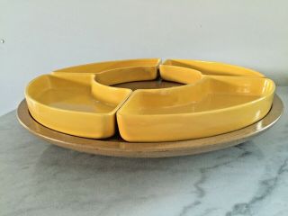 Vintage Lazy Susan Wood Revolving Round Tray Fits 4 Fiestaware Snack Trays