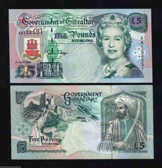 Gibraltar 5 Pounds P25 1995 Queen Aa Prefix Unc Sword Castle Money Bill Note