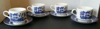 Vintage Churchill Blue Willow Set Of 4 Coffee Or Tea Cups & Saucers