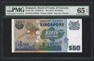 1977 Singapore $50 Dollars,  P - 13b Tan B - 5b,  H.  S.  Sen,  Pmg Gem Unc 65 Epq,  Bird