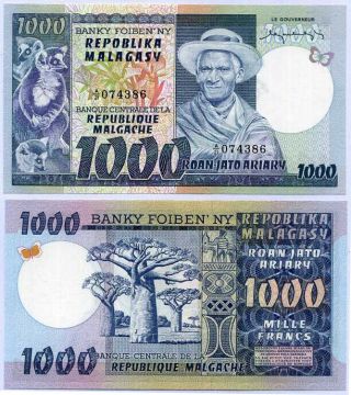 Madagascar 1000 1,  000 Francs Nd 1974 P 65 Au - Unc