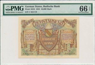 Badische Bank German States 10,  000 Mark 1923 S/no 0x1110 Pmg 66epq
