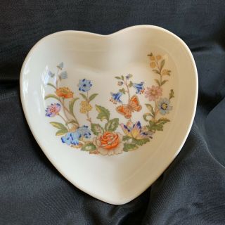 English Porcelain Flowers And Butterfly Heart Ring Jewelry Dish By Aynsley 4”