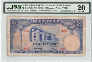 French Indo - China Nd (1946) P - 79a Pmg Very Fine 20 100 Piastres Serial Number 2