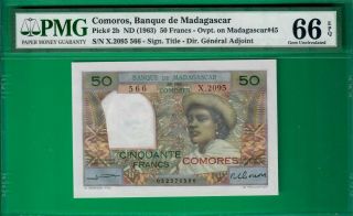 Comoros France Comores Banque De Madagascar,  50 Francs 1963,  P2b,  Pmg Epq 66