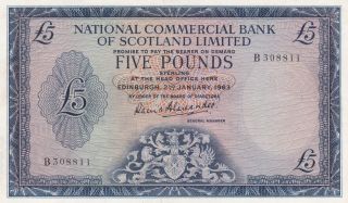 National Cormmercial Bank Of Scotland 5 Pound Banknote 1963 Au/unc