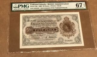 Falkland Islands British Administration 50 Pence Pick 10a 1969 Pmg 67 Gem Unc