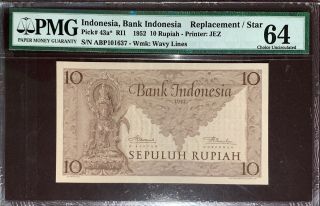 Indonesia Banknote,  10 Rupiah 1952 Replacement / Star Pmg64